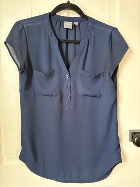 Soho Navy Short-Sleeve V-Neck Button Pocket Blouse